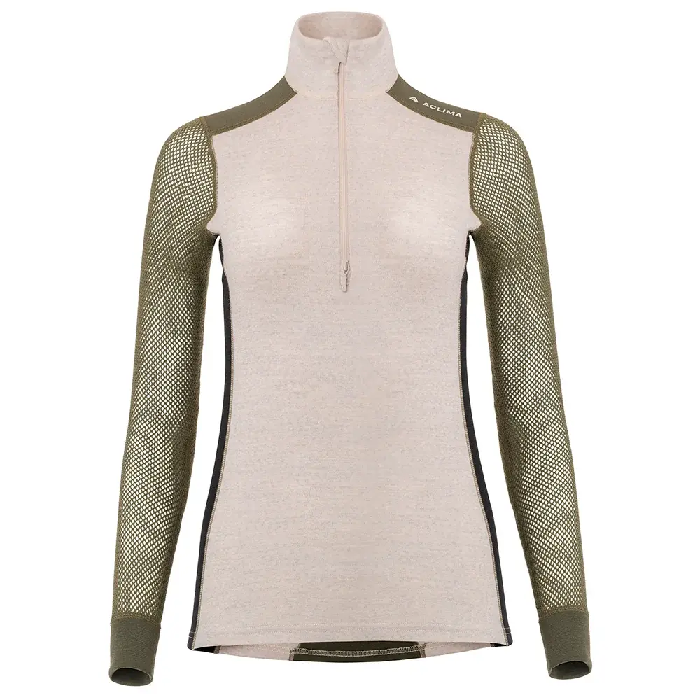 Aclima Dámske termotriko Aclima WoolNet Hiking Mock Neck beige melange /olive night /jet black